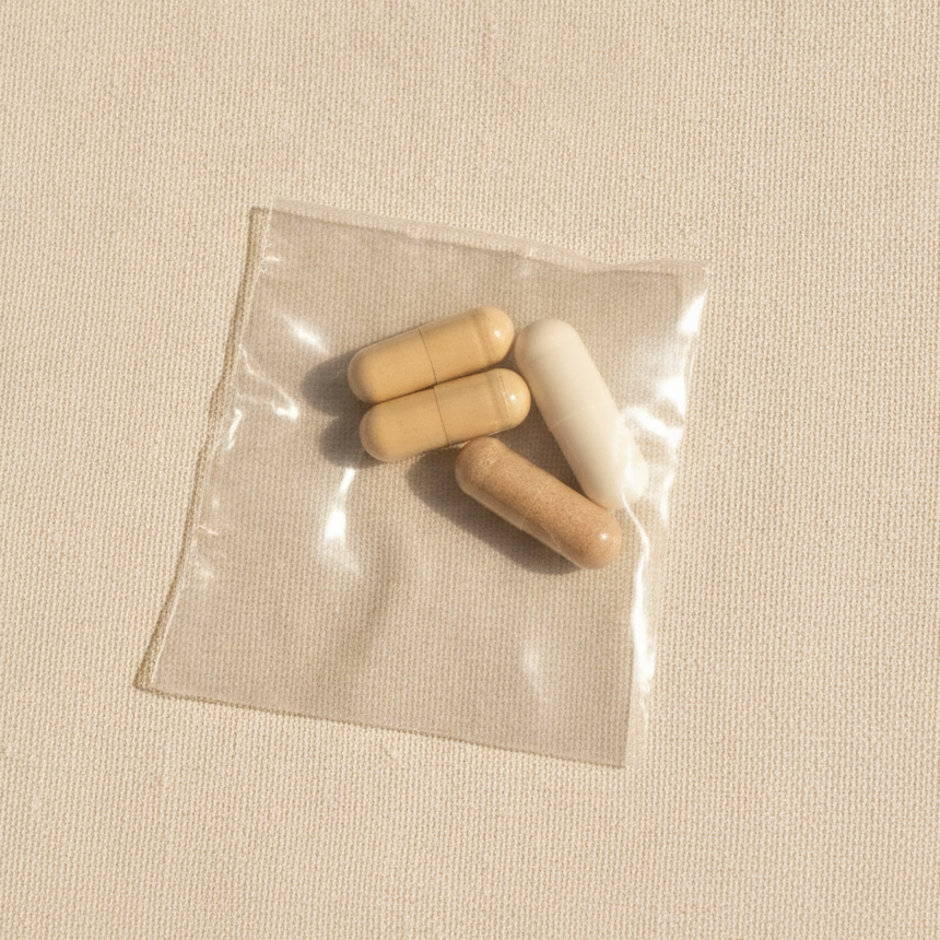Diarrhea Blend supplement capsules in a travel sachet on cream linen