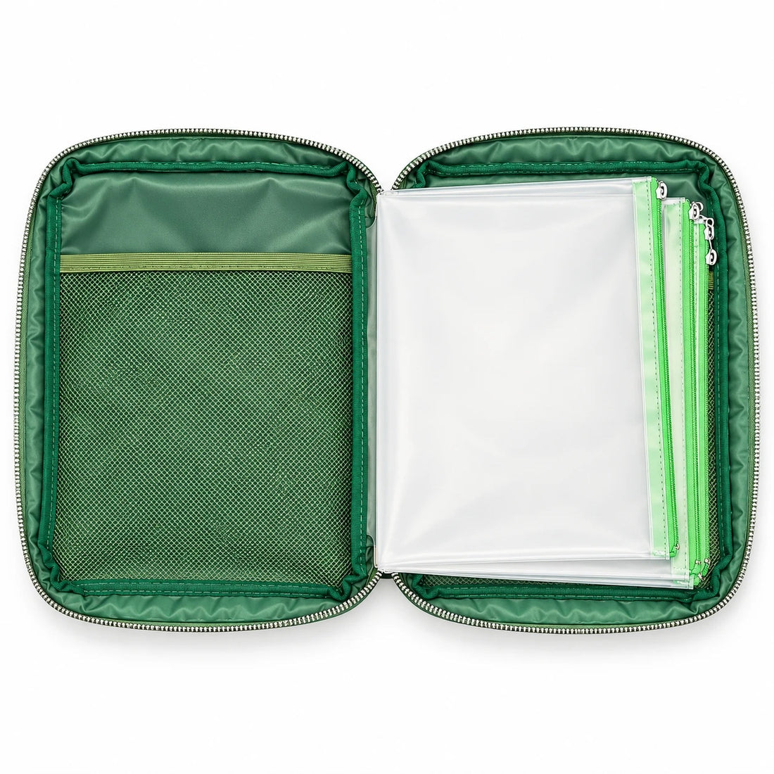Empty All Is Well pack, open, showing zipper pouches and mesh pocket