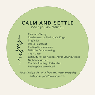 Calm and Settle packet label: symptom list and how to take it