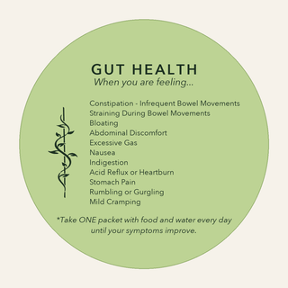 Gut Health packet label: symptom list and how to take it